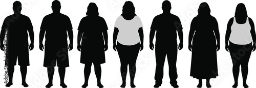 Overweight obese people silhouette collection men and women body shape diversity weight problem health concept isolated vector illustration