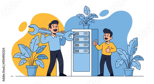 Two technicians performing maintenance on a large server with plants surrounding them in a modern office setting from a front viewpoint