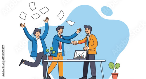 Three business professionals celebrating a successful meeting at a desk with documents flying around them in an office environment from a straightforward view