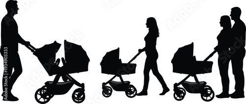 Parents walking with baby stroller silhouettes family parenting lifestyle mother father pushing pram child care black silhouette isolated illustration