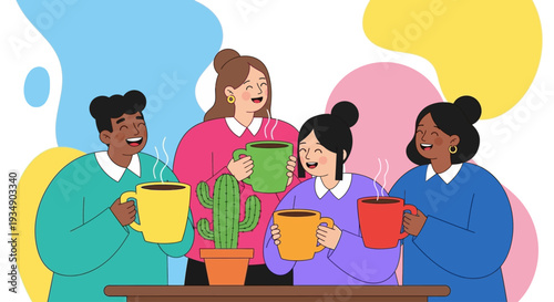 Diverse group of women enjoying a coffee gathering with plants around the table