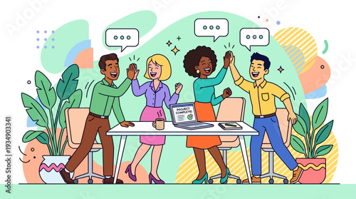 Diverse team celebrating success around laptop on table in modern office