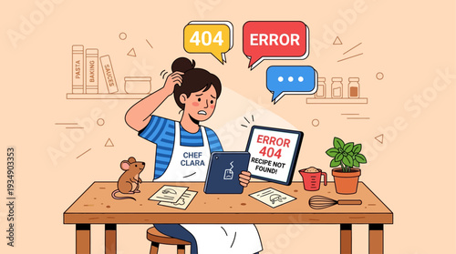 A young woman frustrated with a 404 error message on her laptop while working at a desk with various office supplies and a potted plant nearby