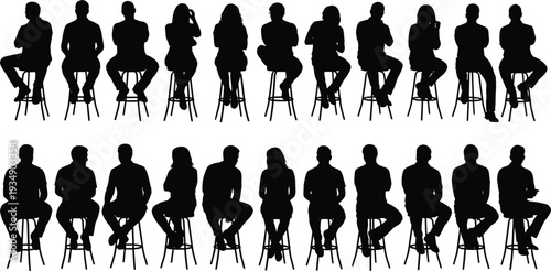 People sitting on bar stool silhouette set men and women seated poses collection isolated black human figure vector style