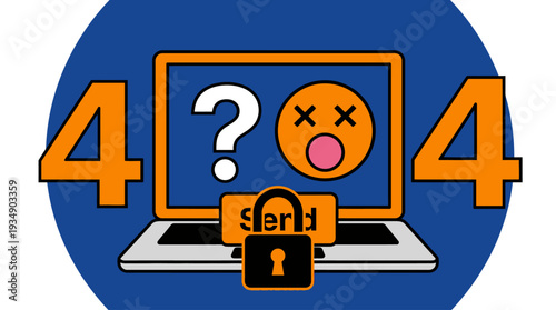 A cartoon laptop with a blue screen displaying a question mark and a frowning emoticon, surrounded by large numbers four, conveying confusion and error in a digital context.