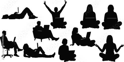 People using laptop silhouettes working studying online freelance remote work students sitting with laptop black silhouette isolated illustration