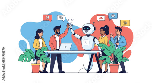 Team collaborating with robot around a table with laptops and plants in a modern office setting from a slightly elevated viewpoint