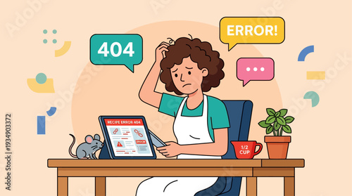 A frustrated woman sitting at a desk with a computer displaying error messages and surrounded by symbols