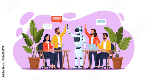 A group of professionals collaborating with a robot around a table, discussing ideas and working together in a modern office environment