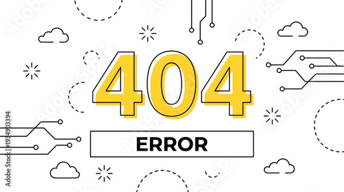 Digital illustration of 404 error page with circuit lines and clouds on a technical background