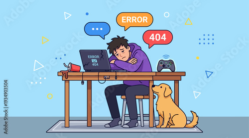 A man sitting at a desk with a dog experiencing an error on his laptop computer at home