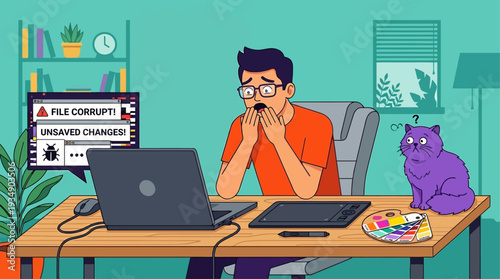 Man sitting at desk with laptop and cat experiencing frustration while working at home