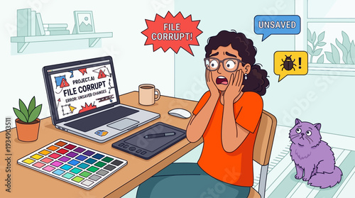 Woman working on laptop with corrupted file message on screen in a home office setting with a cat beside her