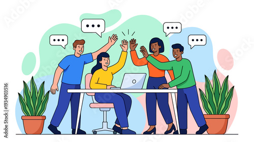 Diverse team celebrating success around a computer in a modern office environment