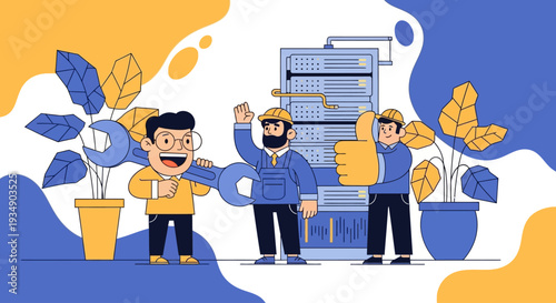 Three people collaborating near a large server with plants around them in a modern office environment from a straightforward viewpoint