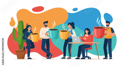 Group of people working together at a desk with coffee cups in a modern office environment from a high viewpoint