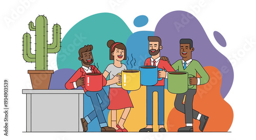 Diverse group of people gathered around a table, socializing and having a meeting in a modern office environment