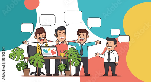 Group of people collaborating and discussing around a table with plants in a modern office environment from a slightly elevated viewpoint