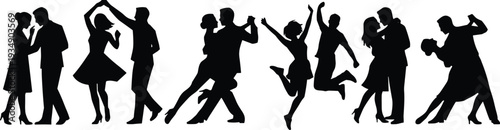 Romantic couple silhouettes dancing kissing hugging love relationship young man and woman black silhouette isolated on white background