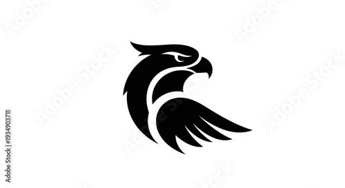 Majestic black eagle head silhouette. Stylized graphic illustration of a powerful bird of prey, minimalist design icon on white background.