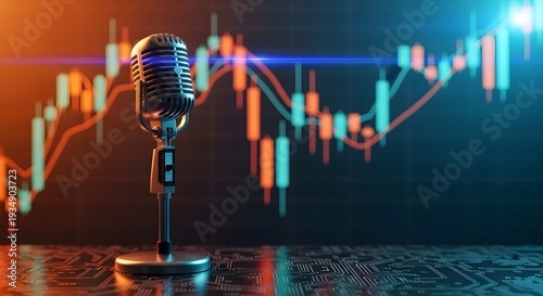 Podcast Microphone Over Stock Chart Showing Financial Trends and Market Analysis