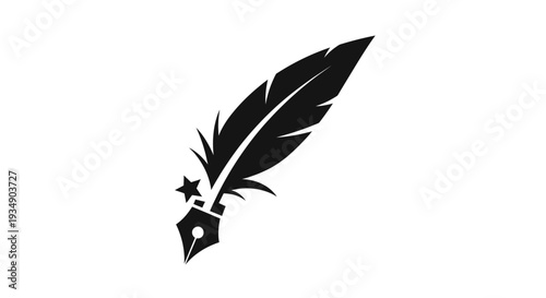 Elegant black quill pen with star silhouette icon. Vintage writing tool symbol for literature, education, and creative themes.
