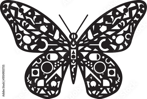 Intricate Black Butterfly Design with White Patterns and Shapes