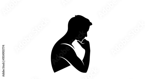 Black silhouette of a thoughtful man in profile, hand on chin, depicting deep contemplation, problem solving, decision making, and ideation.