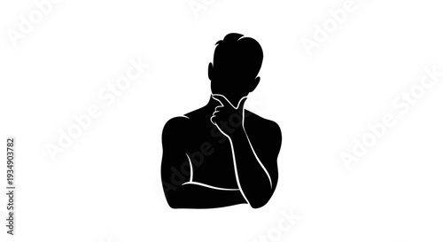 Silhouette of a person in deep thought, contemplating a problem or making a decision. Pensive figure with hand on chin.