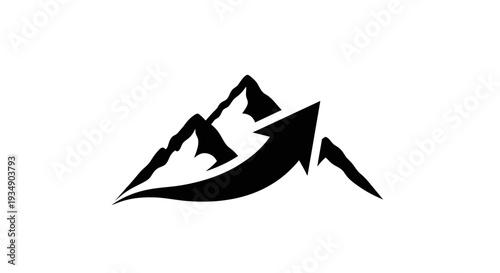 Abstract mountain range with an ascending arrow symbolizing business growth, success, progress, and reaching new heights. Concept for challenge and achievement.