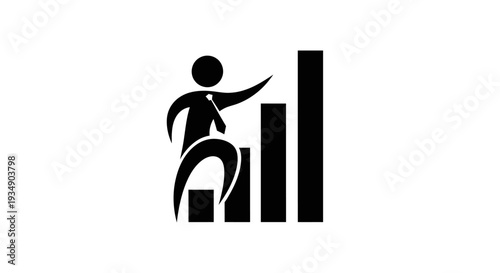 Simple black and white icon of a stick figure climbing a rising bar graph, representing business growth, financial success, career development, and progress towards goals.