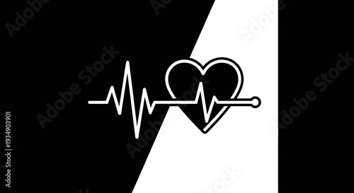 Minimalist black and white heart rate line and heart icon design representing health, cardiology, medical care, and wellness.