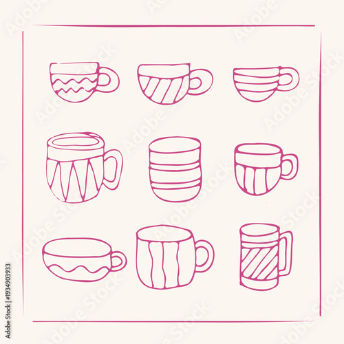 Artistic hand-drawn doodle style mugs and cups, featuring unique organic patterns. Perfect vector illustration for a cozy beverage experience and rustic design themes