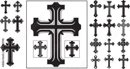 Various Christian Cross Symbols in Black and White Colors