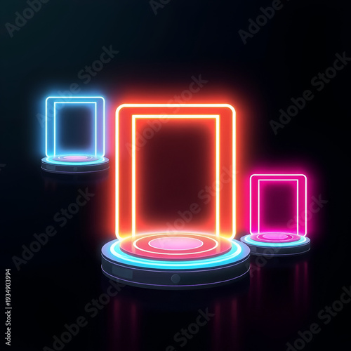 A set of neon portals with teleportation platform effects on a dark background. Suitable for science fiction, game interfaces, magical scenes, and fantasy illustrations.