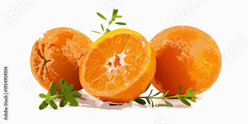 Three oranges a whole a half and another whole fruit