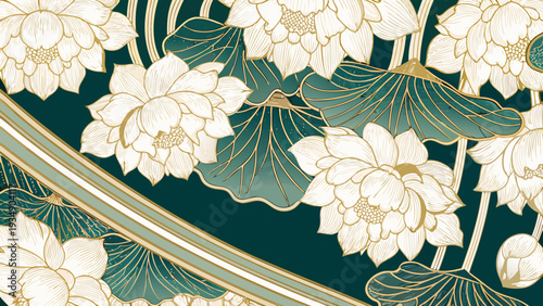 Elegant floral pattern featuring white lotus flowers on a teal background