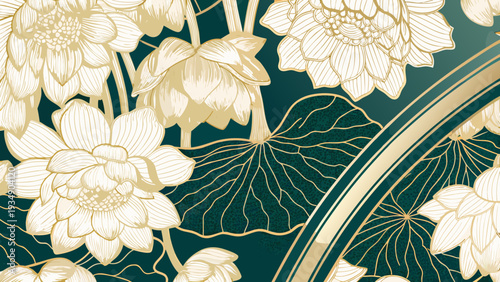Elegant golden lotus flowers against a dark teal background pattern