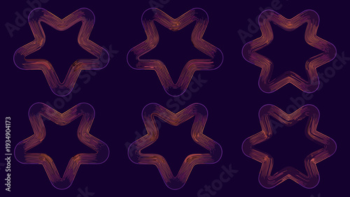 Abstract arrangement of glowing multi layered star shapes on dark purple
