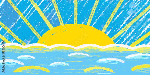 A brightly colored crayon drawing of a sun rising over the ocean