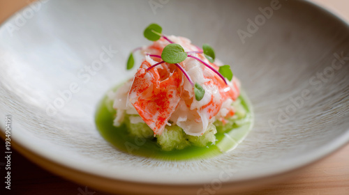 Delicate crab meat paired with green apple brunoise, wasabi cream, and citrus gel. Fresh, sharp, and precise