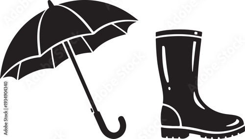 Black Silhouette of Umbrella and Rain Boot Icon Set