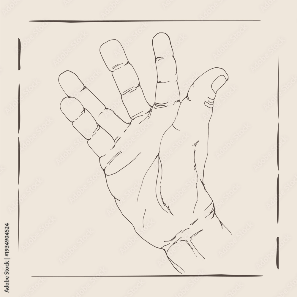 Obraz premium A stylized line drawing of an open hand with fingers spread, presented in a vintage, artistic aesthetic