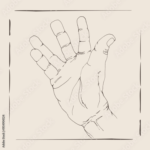 A stylized line drawing of an open hand with fingers spread, presented in a vintage, artistic aesthetic