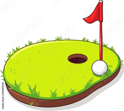 A cartoon illustration of a golf putting green with a red flag and a white golf ball next to the hole.