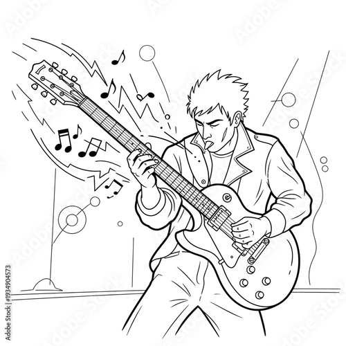 A dynamic black and white line art drawing of a man passionately playing an electric guitar, surrounded by musical notes and energy bolts, perfect for a coloring page.
