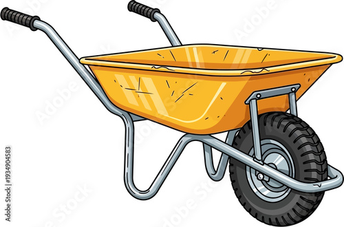 A vibrant yellow wheelbarrow with a single front wheel and black handles, ready for gardening or construction tasks.