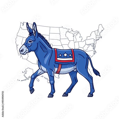 A blue donkey, symbol of the Democratic Party, with a patriotic saddle blanket, walking in front of an outline map of the United States.