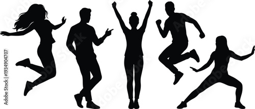 Dynamic dancing people silhouette set, energetic men and women performing modern freestyle moves isolated on white background