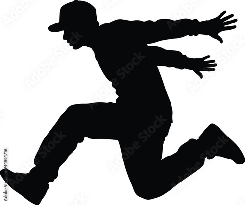 Dynamic urban dancer silhouette, energetic hip hop jump pose isolated on white background, street dance action black vector illustration